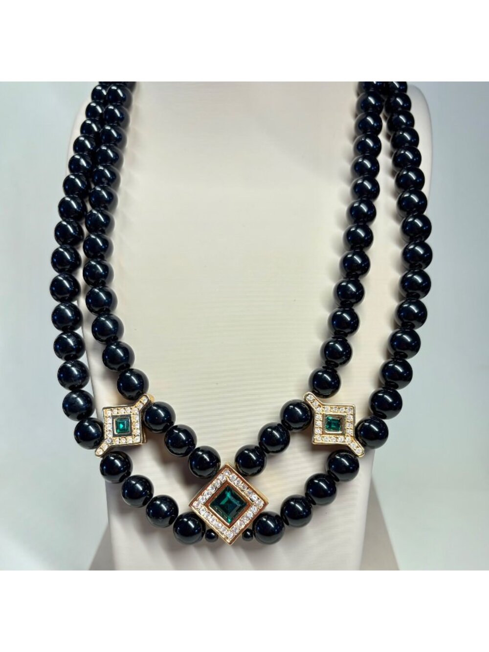 Necklace Monet Gold Tone Black Beads Green Rhinestones Art Deco Style 18"
